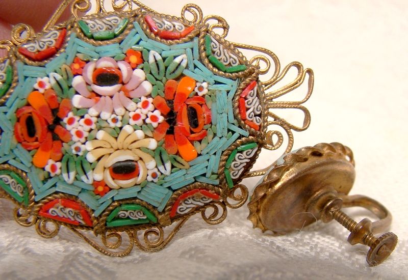 Italian Mosaic Pin Brooch and Screw Back Earrings 1930s-40s