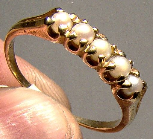 14K Gold 5 Pearls Row Ring 1920-30 - Size 7-3/4