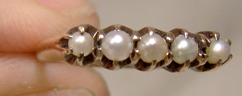 14K Victorian Five Pearls Row Ring 1900 - Size 5-1/4