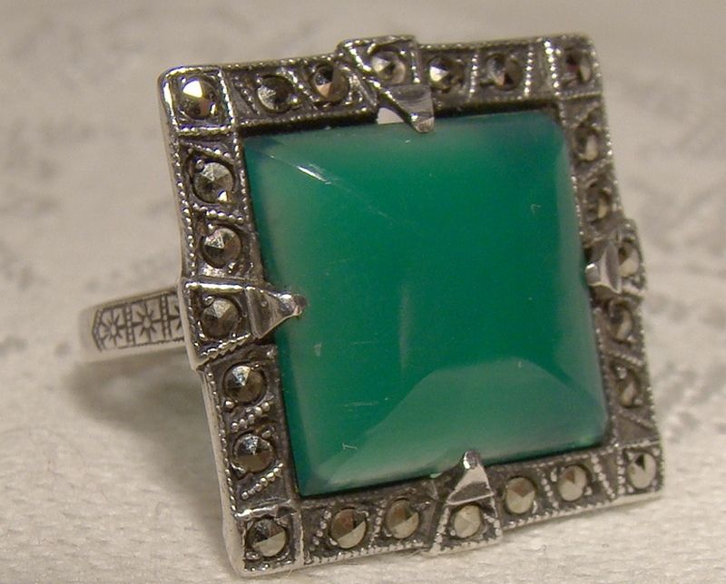 Art Deco Sterling Silver Chrysoprase Marcasites Ring 1920s 1930 Size 5