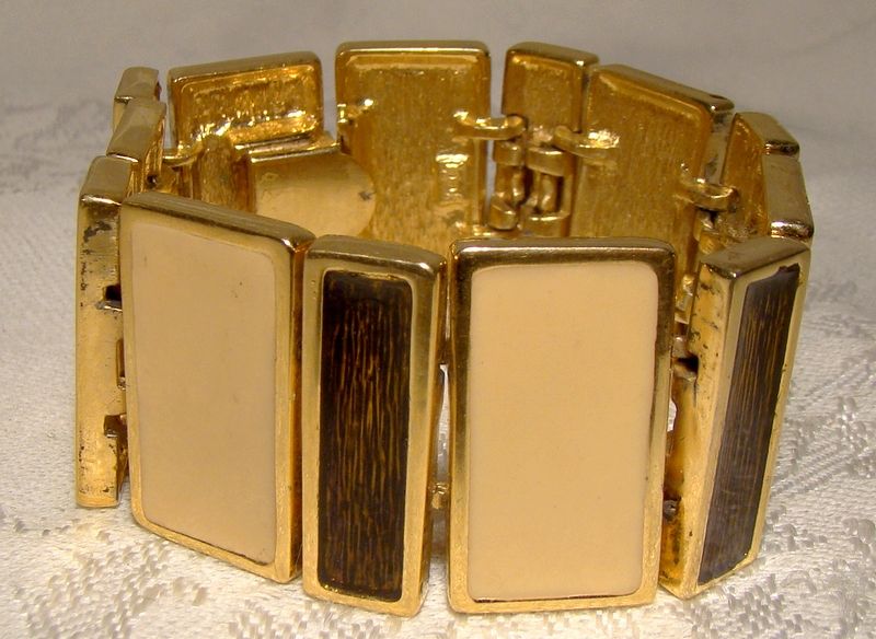 Signed Joel Cream and Brown Enamel Panels GP Bracelet 1970s