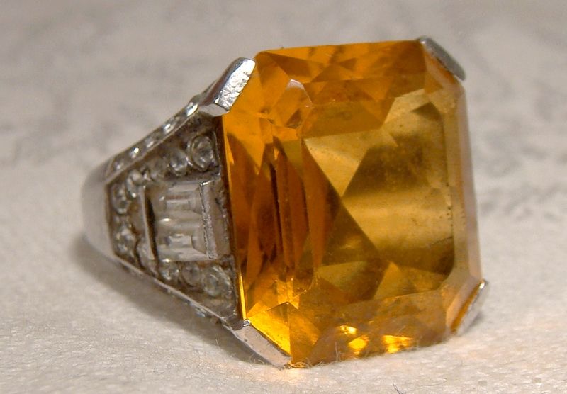 Art Deco Chrome Yellow Cut Glass and White Rhinestones Sterling Ring