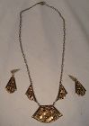 Art Deco Rose Gold Plated Hammered Necklace and Earrings Set 1920 1930