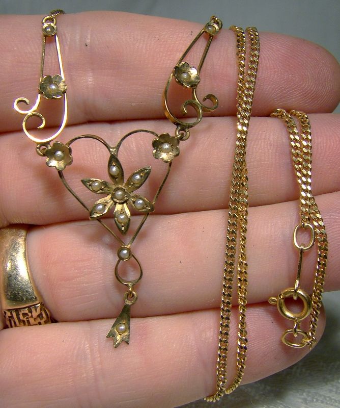 Edwardian 14K Yellow Gold Seed Pearl Heart and Flower Lavaliere