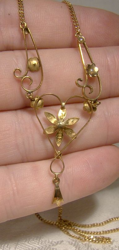 Edwardian 14K Yellow Gold Seed Pearl Heart and Flower Lavaliere