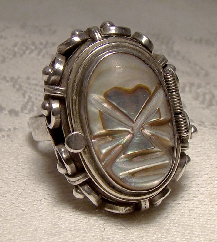 Mexican Sterling Mask Abalone Shell Poison Ring 1950s