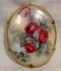 Red Roses Hand Painted Porcelain Edwardian Pin Brooch 1910