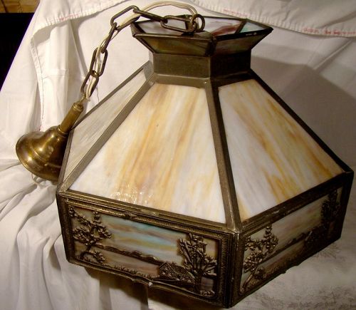 Authentic 1920s Slag Glass Scenic Chandelier Ceiling Lamp