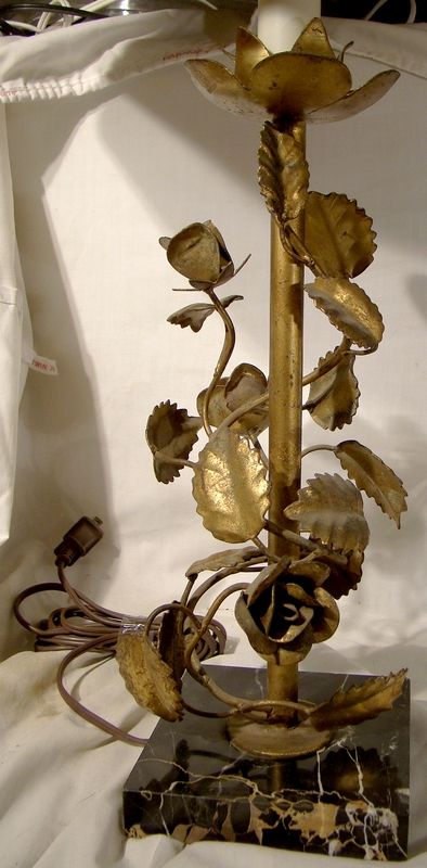 Pair Gilt Brass Roses Metalwork Table Lamps with Marble Bases 1930s