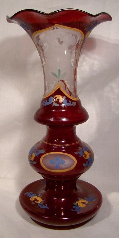 19thC Bohemian Red and Glass Enamel Vase