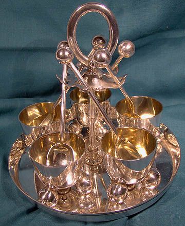 Wm Hutton Silver Plated Arts &amp; Crafts Egg Stand for 5 with Spoons 1900