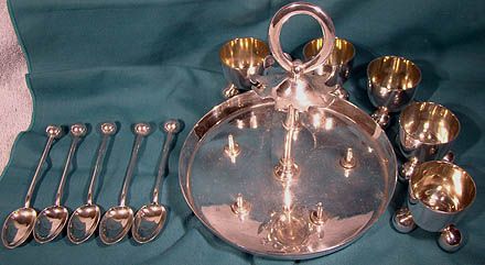 Wm Hutton Silver Plated Arts &amp; Crafts Egg Stand for 5 with Spoons 1900