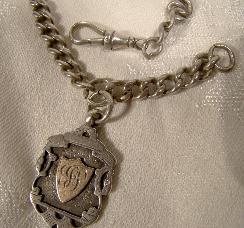 English Sterling Silver Watch Chain with Medal Award Fob Rose Gold