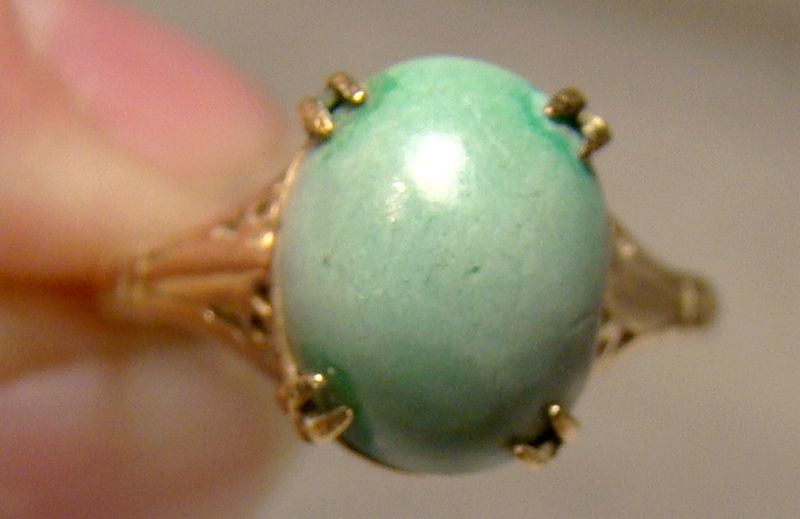9K Rose Gold Green Turquoise Cabochon Solitaire Ring 9 K Size 6-3/4
