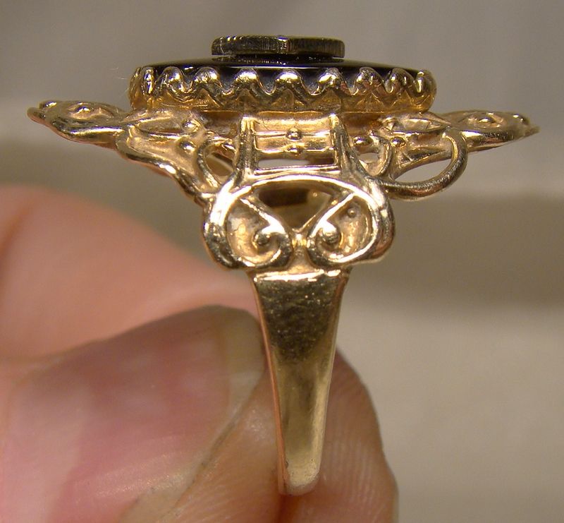 10K Black Onyx and Diamond Filigree Statement Ring Size 6-1/2