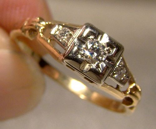 Art Deco 14K Yellow Gold 3 Diamonds Ring 1920s Size 6