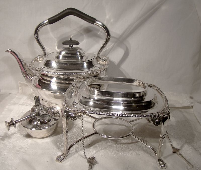English Shell and Gadroon Silver Plated Tilt Kettle with Stand