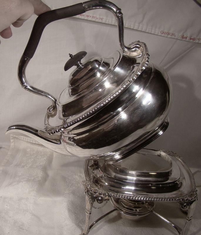 English Shell and Gadroon Silver Plated Tilt Kettle with Stand