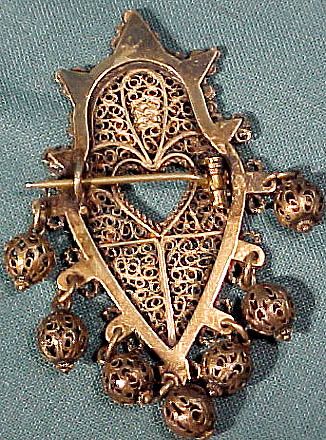 Indonesian Gilt Sterling Silver Filigree Garnet Pin Brooch 1900 1920