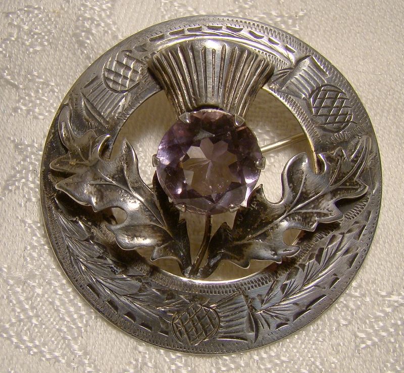 Scottish Sterling Silver &amp; Amethyst Engraved Thistle Pin Brooch 1957