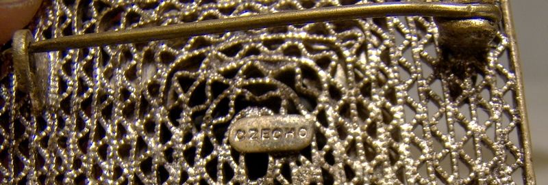 Czech Black Glass Cameo Gilt Brass Filigree Pin Brooch 1920s