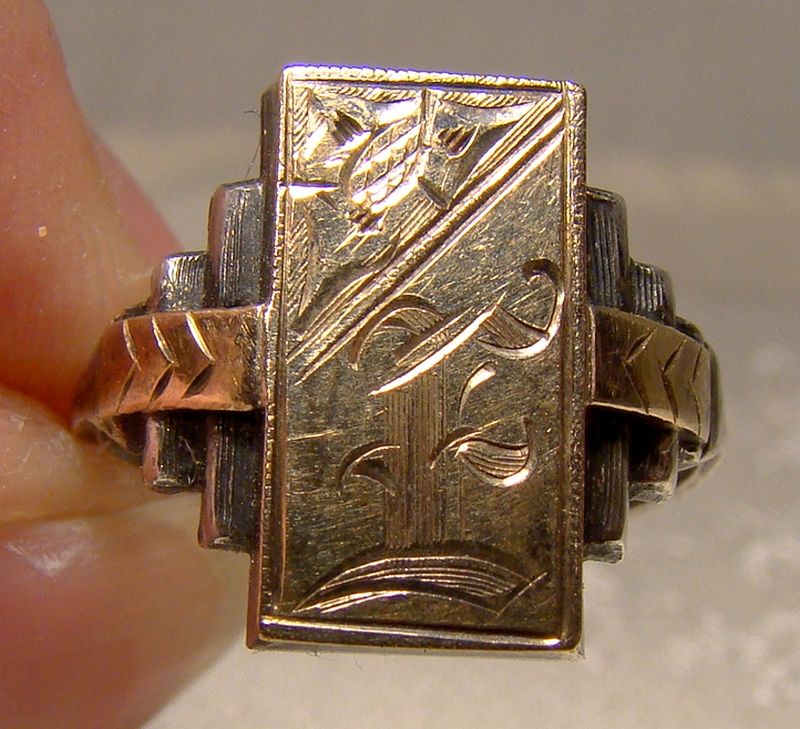 Art Deco Sterling and Gold Front Step Side Signet Ring 1920s Size 5-1/