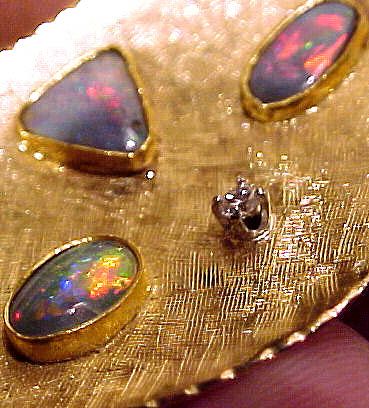 14K Gold 3 Natural Black Opals Diamond Pendant 1970s