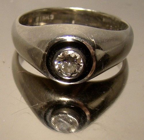 14k White Gold Man's DIAMOND Black ONYX Bullseye Ring Birks 1930s 1950