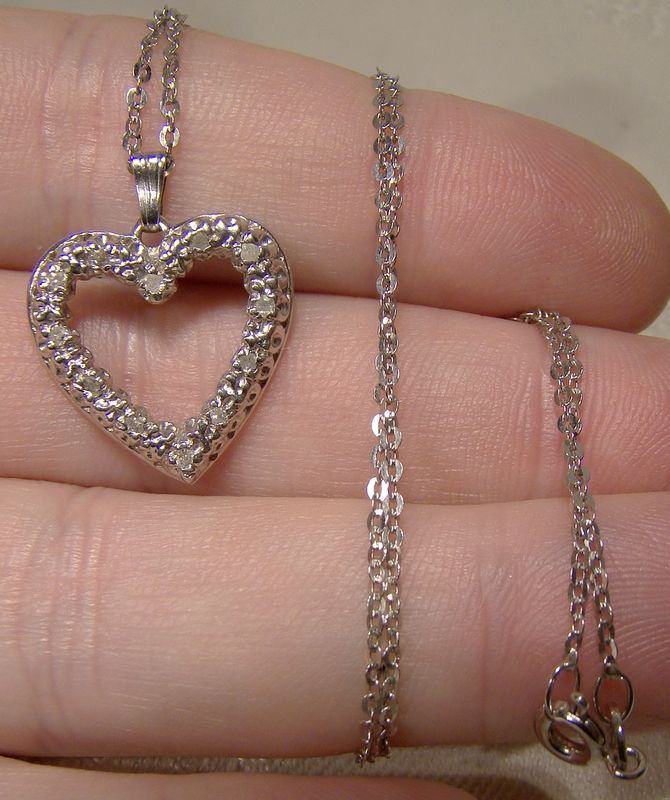 14K White Gold Heart with Diamonds Pendant on Chain Necklace