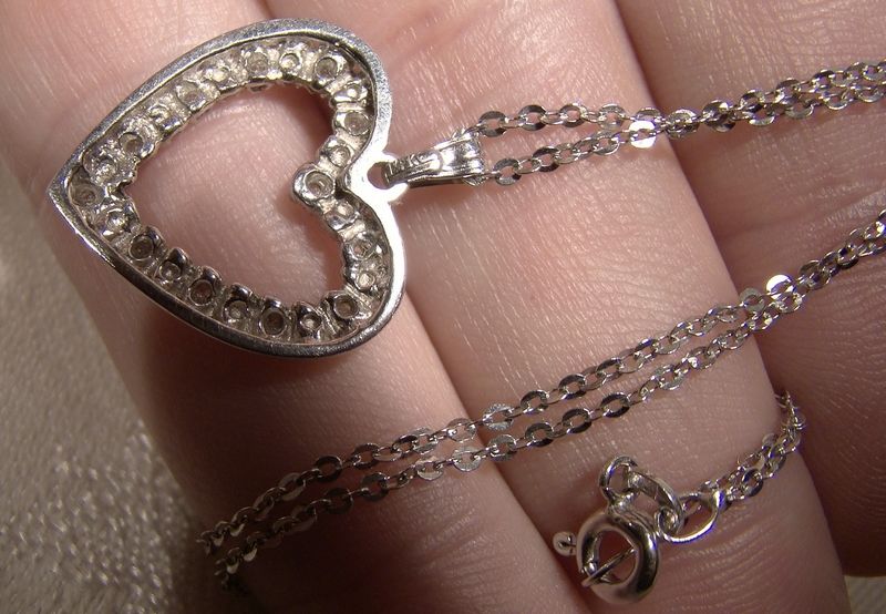 14K White Gold Heart with Diamonds Pendant on Chain Necklace