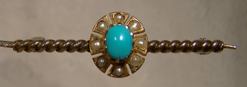 10K Edwardian Turquoise and Pearls Twist Shaft Bar Pin Brooch 1900
