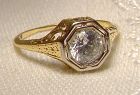 14K Yellow Gold Art Deco Filigree Openwork Ring with Rock Crystal