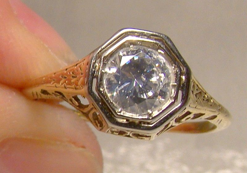 14K Yellow Gold Art Deco Filigree Openwork Ring with Rock Crystal