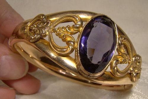 Edwardian Rolled Gold Plate Bangle Bracelet with Purple Cut Glass