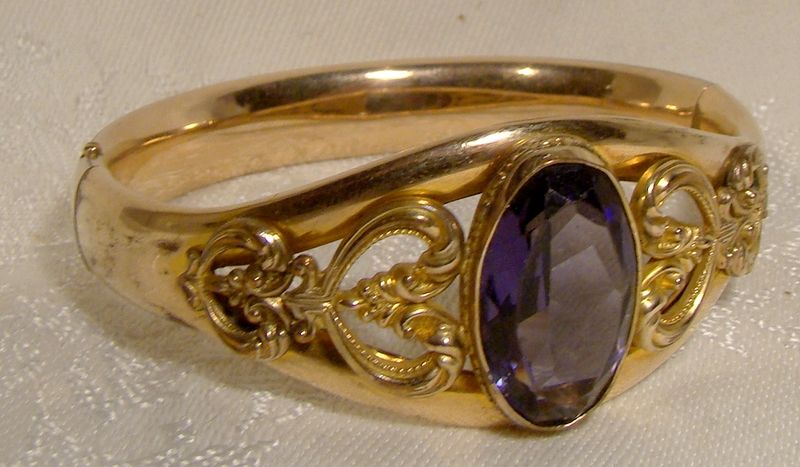 Edwardian Rolled Gold Plate Bangle Bracelet with Purple Cut Glass