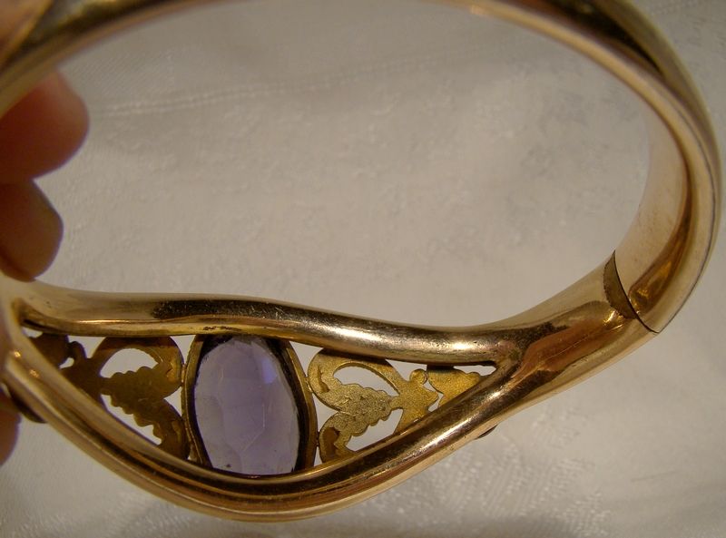 Edwardian Rolled Gold Plate Bangle Bracelet with Purple Cut Glass