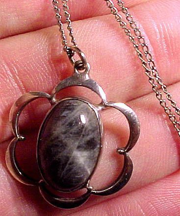 Labradorite Sterling Silver Pendant on Chain Necklace 1950s