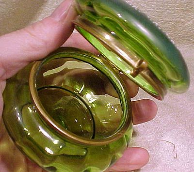 Victorian Green Glass Trinket Box or Jar with Enamel Daisies 1880-1900