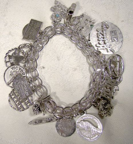 Sterling Silver Charm Bracelet with 24 Charms Double-Link Design 1970s