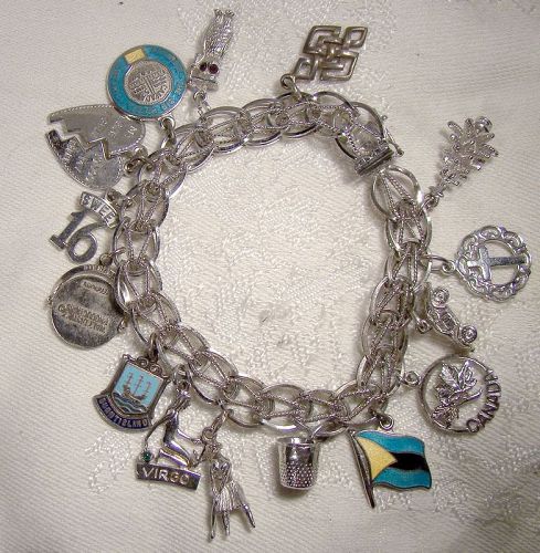 Double Link with Twist Sterling Silver Charm Bracelet with 15 Charms