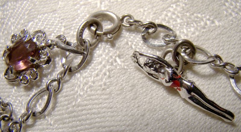 Sterling Chain Link Charm Bracelet with 9 Charms 1960s