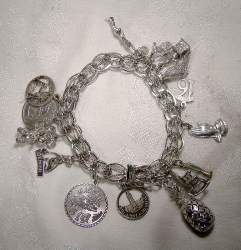 Double Link with Twist Sterling Silver Charm Bracelet with 15 Charms