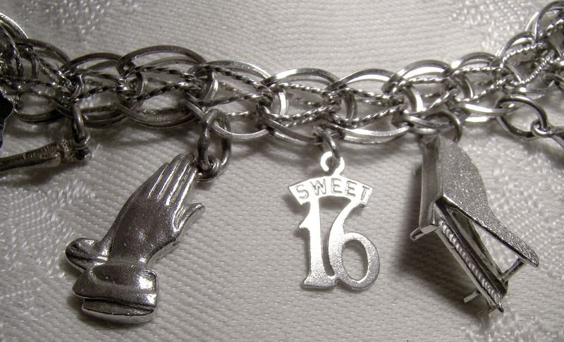 Double Link with Twist Sterling Silver Charm Bracelet with 15 Charms