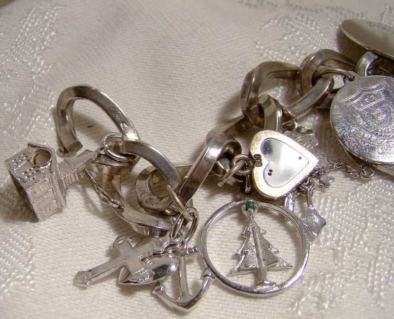 Huge Chain Link 800 Silver and Sterling Charm Bracelet with 15 Charms