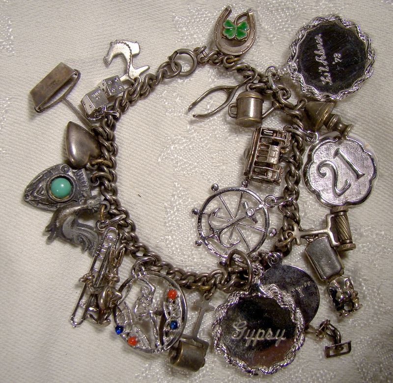 Large Round Double Link Twist Sterling Silver Charm Bracelet 17 Charms  (item #1373201)