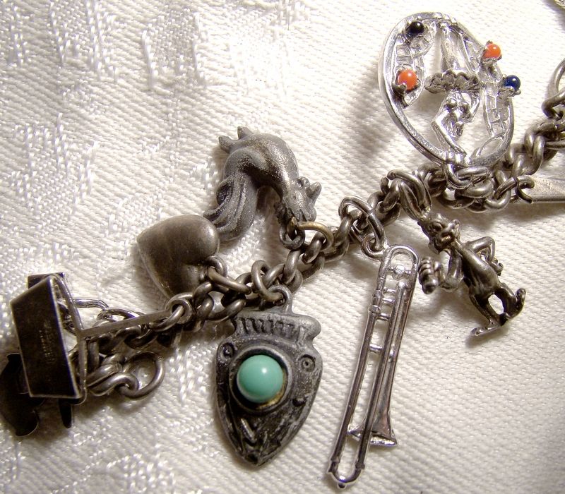 Early Chain Link Silver Plated Charm Bracelet with 24 Charms 1930s +
