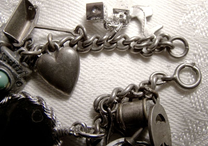 Early Chain Link Silver Plated Charm Bracelet with 24 Charms 1930s +