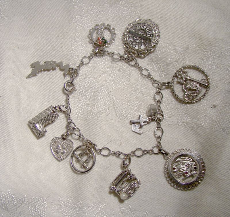 Large Round Double Link Twist Sterling Silver Charm Bracelet 17 Charms  (item #1373201)