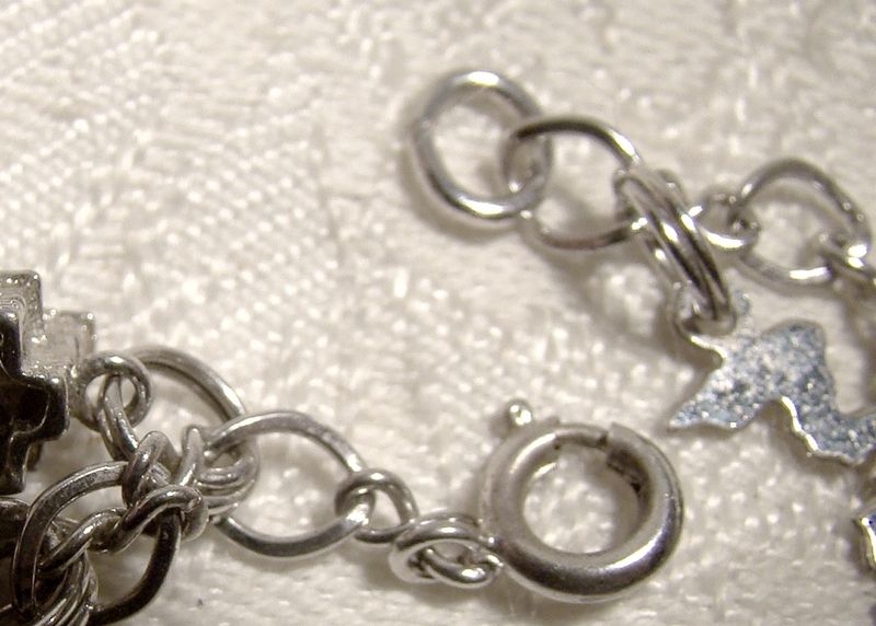 Chain Link Sterling Silver Charm Bracelet with 10 Charms 1970s