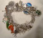 Double Round Link Sterling Silver Charm Bracelet with 28 Charms 1970s